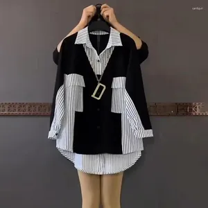 Bloses de mujer Fashion Camiseta coreana a rayas Camisa de manga larga casual de manga larga de una sola mampos