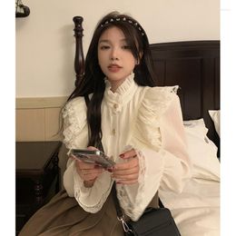 Blouses Femmes Mode coréenne Blouse blanche femmes Blusas col montant chemises en mousseline de soie à manches longues volants Vintage élégant Femme hauts E959