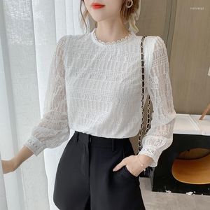 Blouses pour femmes mode dentelle à manches longues chemise femmes 2022 automne coréen blanc bas hauts élégant Blouse dames mince chemises transparentes