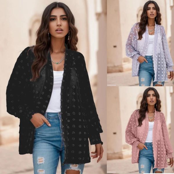 Blouses Femmes Mode Dentelle À Manches Longues En Mousseline De Soie Cardigan Femmes Élégant Voir À Travers Casual Couleur Unie Lâche Kimono Blouse Femle Tunique