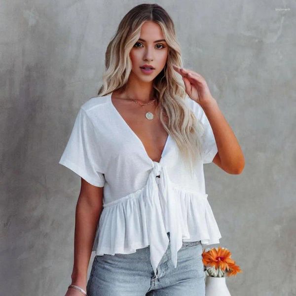 Blouses pour femmes Fashion Lace Up V-Neck Shirts Elegant Chic Knot Design Ruffle Hem T-shirt Spring Summer Short Sleeve Cardigan Blouse