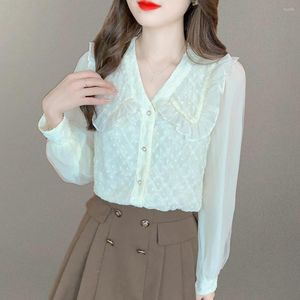 Blouses pour femmes mode dames Blouse douce filles dentelle mousseline de soie chemise à manches longues col de poupée hauts femmes Blusas Mujer coréen élégant