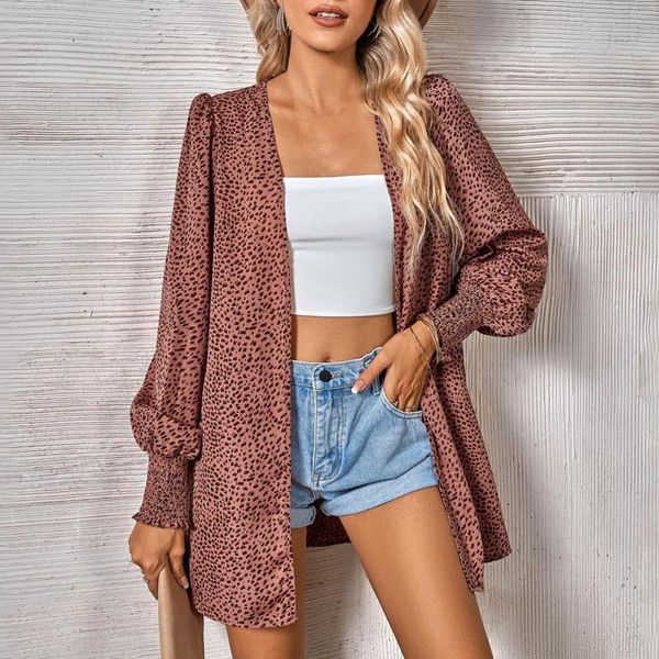 Blusas de mujer, camisas con estampado de leopardo a la moda para mujer, cárdigan informal, Camisetas largas para vacaciones, prendas de vestir con manga farol para playa para mujer