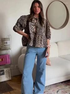 Blusas de mujer Camisas de leopardo a la moda para mujer, blusa holgada de manga abombada de primavera 2024, Top corto elegante con cordones y volantes para mujer