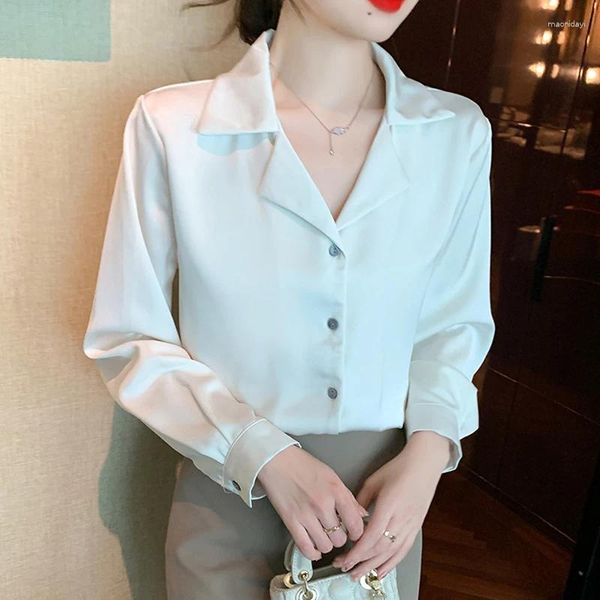 Blouses pour femmes Blanche en satin à manches longues Elegant Solid Notched Collar Shirt Automne Abricot Office Lady Tops Women Clothes Blusas