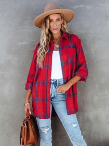 Women's Blouses Fashion Loose Turn Down Collar Midden-Length Jacket Coat Autumn 2023 Women Casual Shirts Long Sleeve Plaid Washed Tops A2130