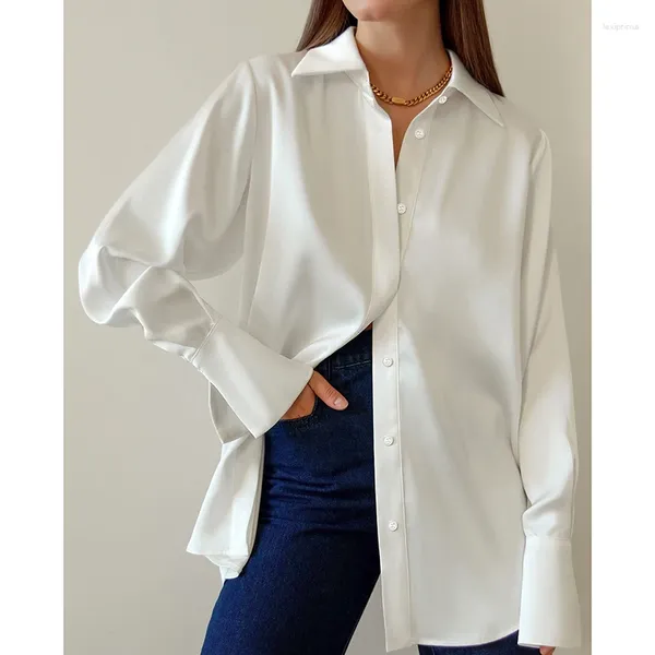 Blusas de mujer moda suelta mujer blusa de satén Oficina LadyLong manga seda camisa blanca mujer otoño Casual Tops señoras elegantes Blusas