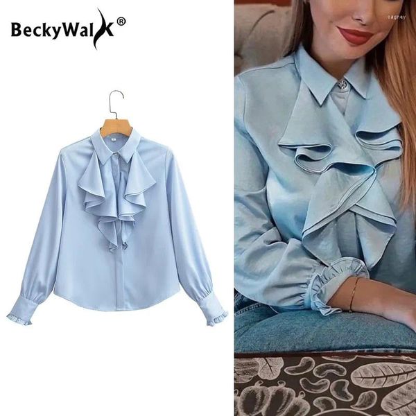 Blouses pour femmes Fashion Lotus Leaf Collar Shirt 2024 Printemps à manches longues Single Breasted Slim Shirts Silk Satin Office Ladies Tops WF373