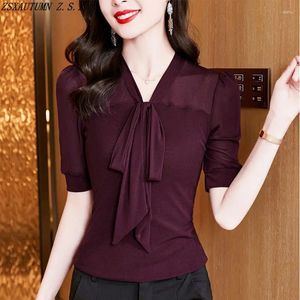 Blouses pour femmes Mode Mesh Top Français Été Vintage Baggy Élégant Tout Match Blouse Femme Col V Haute Qualité Simple Chemise Décontractée