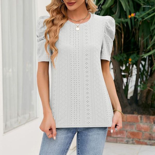 Blouses pour femmes Mode O-cou Chemisier Creux Court Pile Up Manches Hauts Élégant Bureau Dame Lâche Chemise Blanche Été Femmes Vêtements Blusas