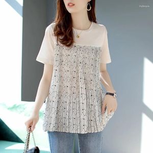 Women's Blouses Fashion O-Neck geprinte Splited Folds Chiffon Clothing 2024 Summer Loose All-match tops Commuter Shirts