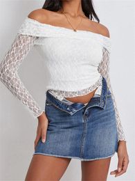 Damesblouses Mode Off-shoulder Kanten Blouse Dames Lange mouw Slim Fit Crop Tops Lente Herfst Sexy Elegante Chique Shirts Clubwear