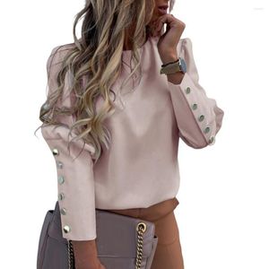 Dames blouses mode ol dames kantoor lady metal knop terug met lange mouwen puff schouder blouse shirt top casual o-neck herfstkleding 3xl