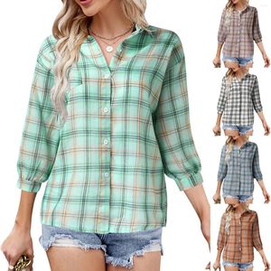 Damesblouses Mode Geruite print Dames Revers Knoop Tops Dames Chic Casual Shirts met lange mouwen Blusas Elegante vakantiewerkkleding