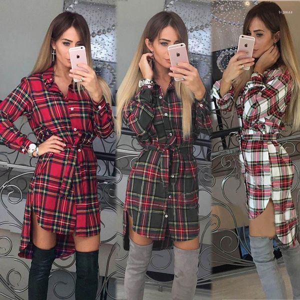 Blusas de mujer, camisa a cuadros a la moda, vestido largo combinable con cordones de manga larga para otoño e invierno 2023