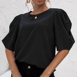 Blouses pour femmes Mode plissée manches bouffantes en mousseline de soie col rond hauts solides pour femmes habillées dames décontractées chemises élégantes Blusas travail de vacances