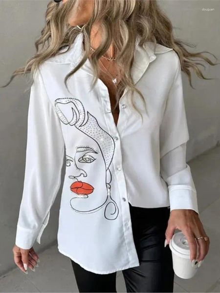 Blusas de mujer, camisas de manga larga con botones estampados a la moda para mujer, Tops holgados blancos de oficina para primavera y otoño 2024