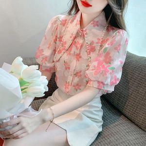 Blouses pour femmes Fashion Puff Sleeve imprimées diamants de revers de revers Shirt en mousseline de soie 2024 Tops de trajet d'été Elegant Female Vêtements Sweet