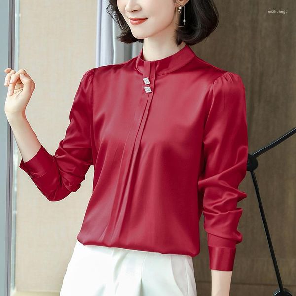 Chemisiers pour femmes mode vraie soie femmes chemises élégantes printemps été à manches longues solide Blouse bureau dame rouge blanc chemise hauts