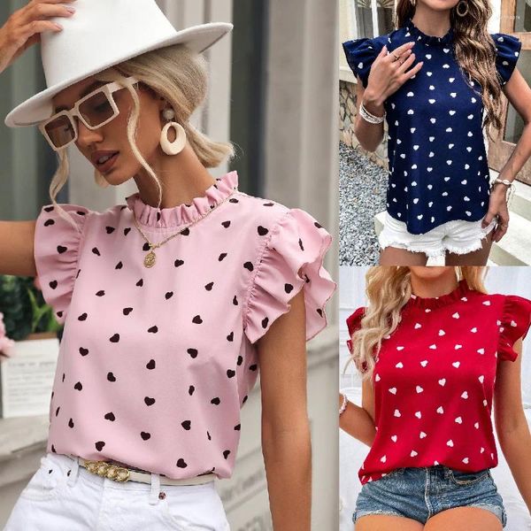 Blusas de mujer Moda Ruffl Camisa rosa Blusa Mujer Verano Sin mangas O Cuello Estampado de lunares Tops Elegante Oficina Camisas para mujer Top