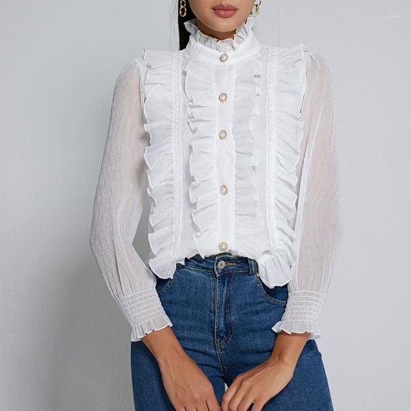 Blusas de mujer moda Ruffle Puff camisa blanca de manga larga elegante cuello alto blusa de mujer de oficina 2023 primavera gasa de árbol comestible