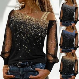 Blouses Femmes Mode Paillettes Maille Chemisier Chemise Lâche Sexy Une Épaule Col Incliné Hauts Casual Femmes Femmes À Manches Longues Blusas Pull