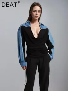 Women's Blouses Fashion Shirt Deep V-Neck Taille Retraction Denim Splitte Slim Floards Tops Summer 2024 Tide 7AB3207