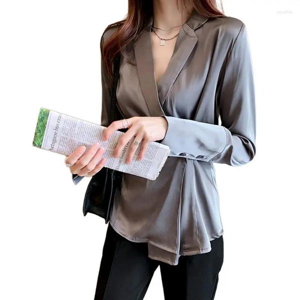 Blouses pour femmes mode chemise femmes printemps été manteau haut 2023 costume col en mousseline de soie col en v à manches longues chemises gris rouge femme