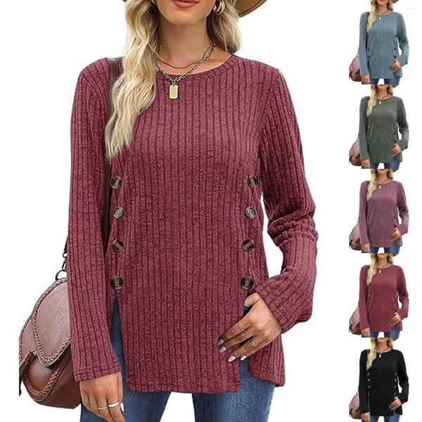 Blouses Femmes Mode Fentes latérales Bouton Design Pull en Cachemire Femmes Blouse Automne Hiver Manches Longues Col Rond Henley Chemises Tee Côtelé