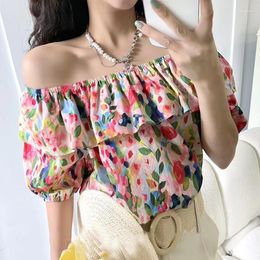 Blouses pour femmes mode Slash cou à volants demi manches couverture en coton fille Streetwear épaules dénudées coloré imprimé fleuri chemise Sexy doux