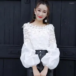 Damesblouses Mode Slash Neck Effen Kleur Gaaskant Lantaarnmouwen Vrouwelijke Kleding 2024 Lente Losse Zoete Tops Koreaanse Shirts
