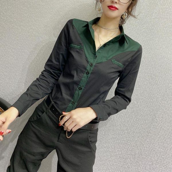 Chemisiers pour femmes Mode Slim Solid Color Spliced Shirt Commute Turn-down Collar Clothing Single-breasted Spring Autumn All-match Blouse