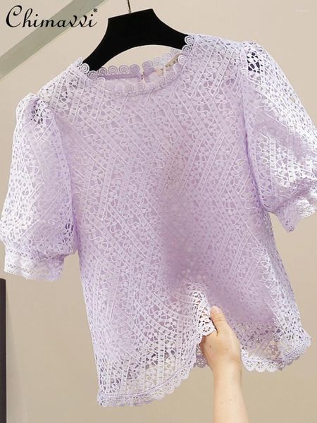 Blusas de Mujer Moda Color Sólido Ganchillo Hueco Soluble en Agua Jersey de Encaje Top de Manga Corta Blusa Elegante Delgada de Verano Camisas