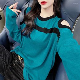 Blouses pour femmes Mode épissé évider rayé chemisier tricoté vêtements pour femmes 2022 automne pulls décontractés amples tout-match coréen