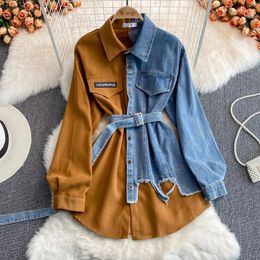 Blouses pour femmes Mode Épissage Robe À Revers Style Coréen Asymétrique Femmes Jeans Longs Denim Top Chemise Dames