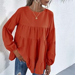 Blusas de mujer moda primavera y otoño naranja cuello redondo manga linterna gran Swing Top suelto elegante mujer Camisa larga Casual