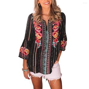 Damesblouses modestijl streetwear zomer Amazon wenst om losse print T lange mouw v-neck shirt vrouwelijk te verkopen