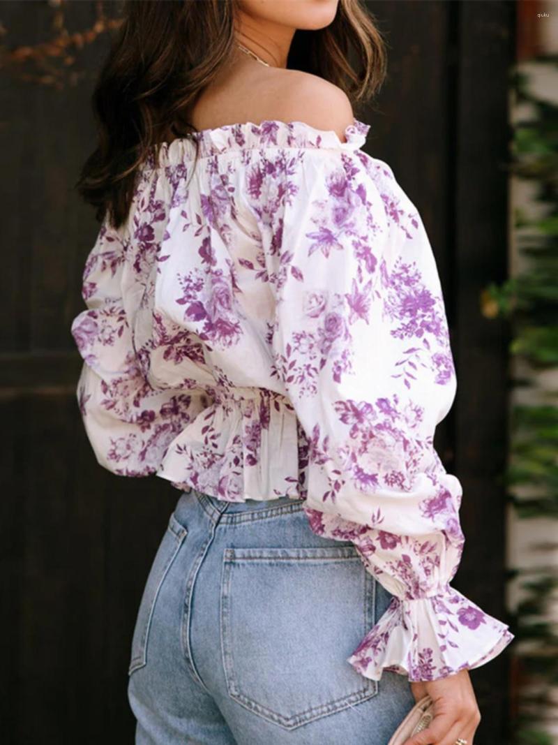 Blusas femininas moda estilo doce primavera e outono fora do ombro camisa de manga longa férias cintura-apertado floral topo