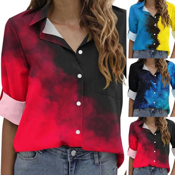 Blouses pour femmes Mode Tie Dye Femmes Boutons de revers Tops Dames Retrousser Manches longues Chemises décontractées en vrac Blusas Élégant Vêtements de travail de vacances