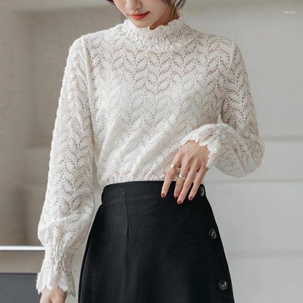 Blusas de mujer Moda Cuello alto Blusa de encaje Mujer Primavera 2023 Otoño Hueco Elegante Crochet Camisa simple Señoras Casual Manga larga Tops