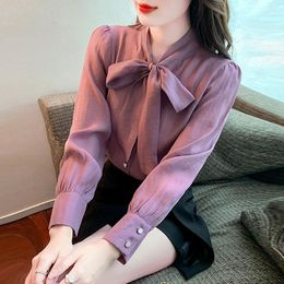 Blusas de mujer a la moda de gasa con cuello en V, camisa con lazo y lazo, ropa de mujer, Tops coreanos de primavera 2023, blusa holgada para oficina para mujer