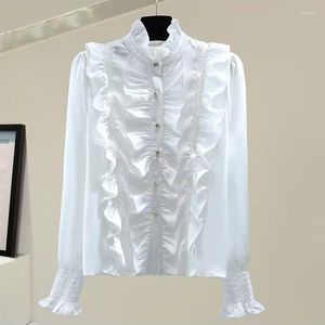 Blouses pour femmes mode victorienne femmes OL bureau dames chemise blanche col haut froufrous à volants poignets chemises femme Blouse automne