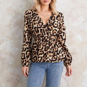 Chemisiers pour femmes mode Vintage Peplum hauts à manches longues col en V imprimé léopard T-Shirts amples Wrap Blusa Mujer Moda