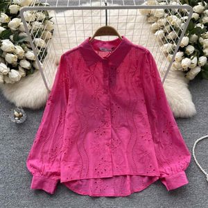 Blusas de las mujeres Moda occidental delgada solapa de manga larga de encaje recortado camisa para las mujeres primavera francés color sólido elegante blusa Tops Mujer J652