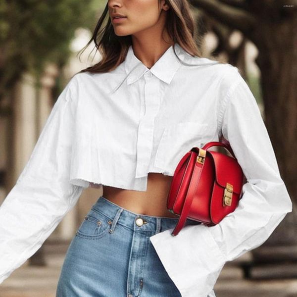 Femmes Blouses Mode Blanc Crop Tops 2023 Femmes Élégant Flare Manches Asymétrie Noir Chemises Streetwear Sexy Top Printemps