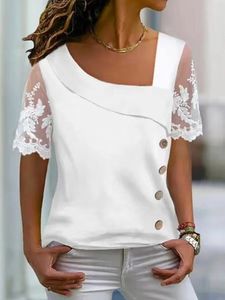 Women's Blouses Fashion White Lace Short Sleeve Dames T-shirt 2024 Zomer Casual knoppen Office T-shirt Y2K Chic Tunics Tops Blusa Mujer