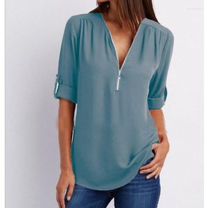 Women's Blouses Fashion White Tops Casual V-Neck Zipper Blouse Elegante lange mouw Loose Chiffon Shirt Summer Solid Women kleding Blusas