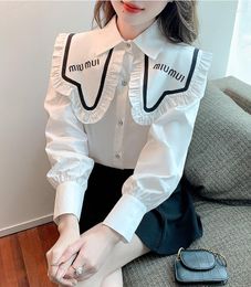 Blouses pour femmes mode femme 2022 printemps automne lettre broderie poupée col élégant dentelle à manches longues chemise femme haut