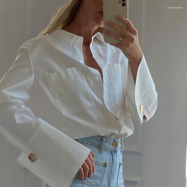 Blouses pour femmes Mode Femme 2023 Élégant Revers Chemises À Manches Longues Décontracté Lâche Blanc Poches Hauts Femme Vêtements Bureau Dame