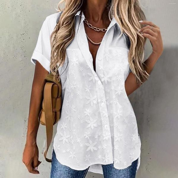 Blouses pour femmes mode femme 2023 blanc Floral contraste dentelle à manches courtes haut décontracté col rabattu bouton quotidien chemises vêtements